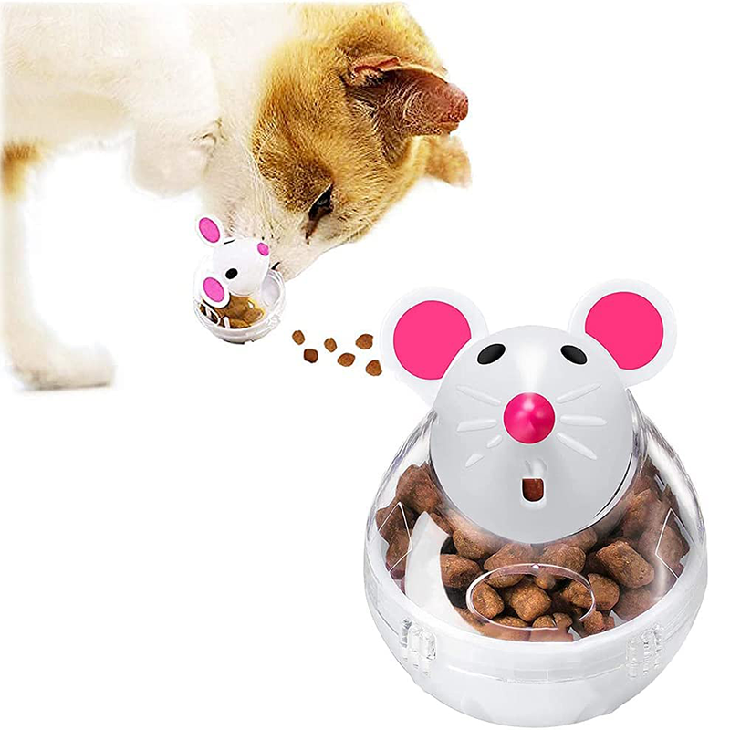 "Cat food dispensing tumbler toy, slow feeder design"