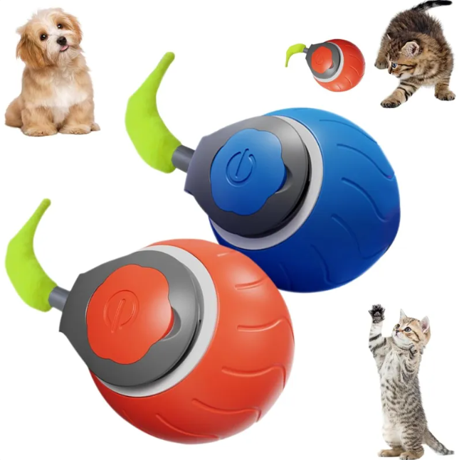 "Cat chasing automatic rolling ball toy on hardwood floor"
