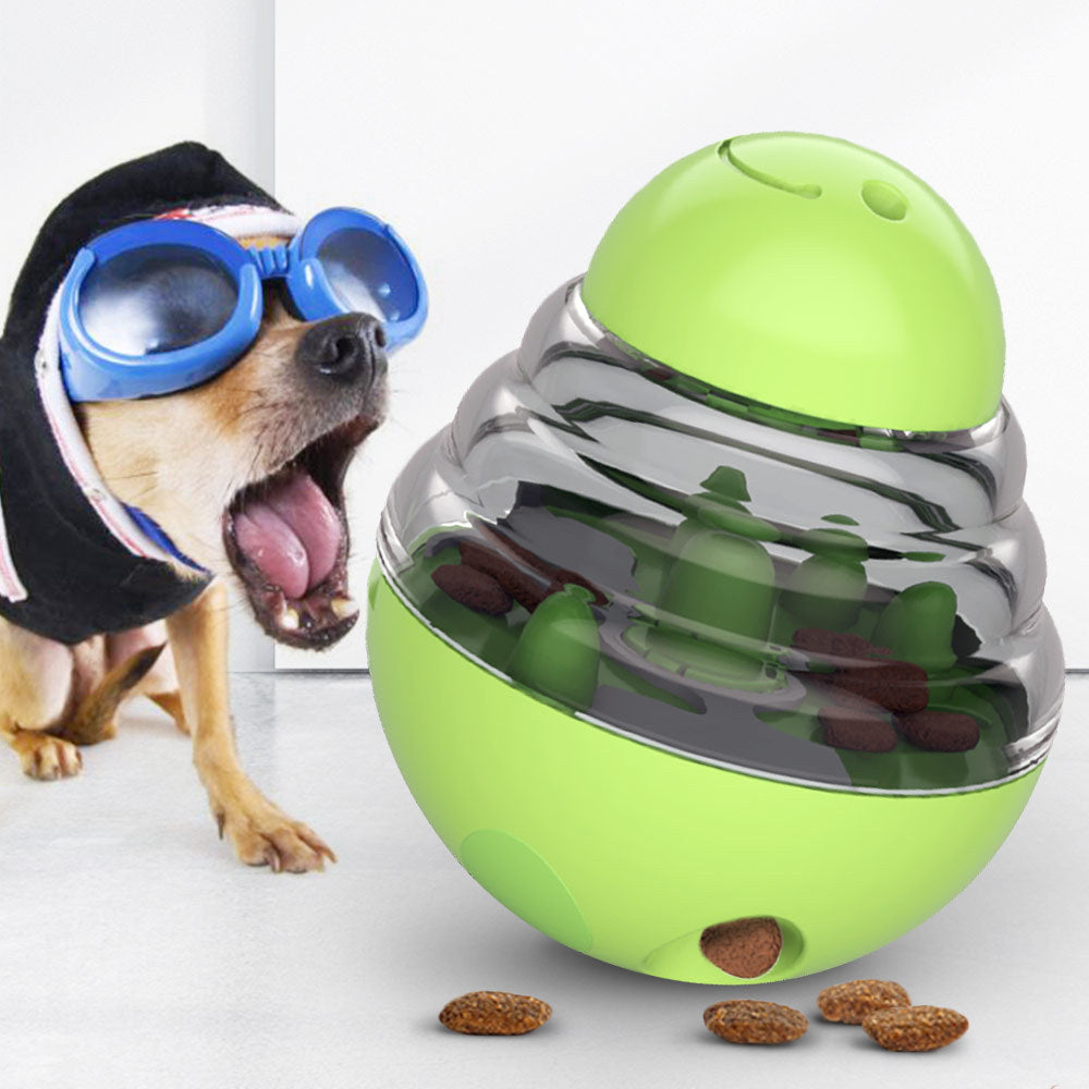 "Dog treat dispensing ball toy in green"